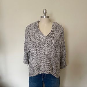 White and Black Knit 3/4 Sleeve Hooded Sweater